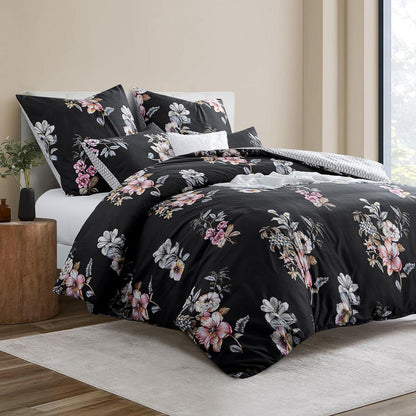 Bettwäsche 200x220 3-teilig Schwarz Blumen Muster Mikrofaser