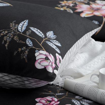 Bettwäsche Set 200x200 Schwarz Blumen Muster Mikrofaser Weich & Bügelfrei