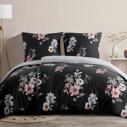Bettwäsche Blumenmuster Mikrofaser 4-teilig Schwarz 135x200