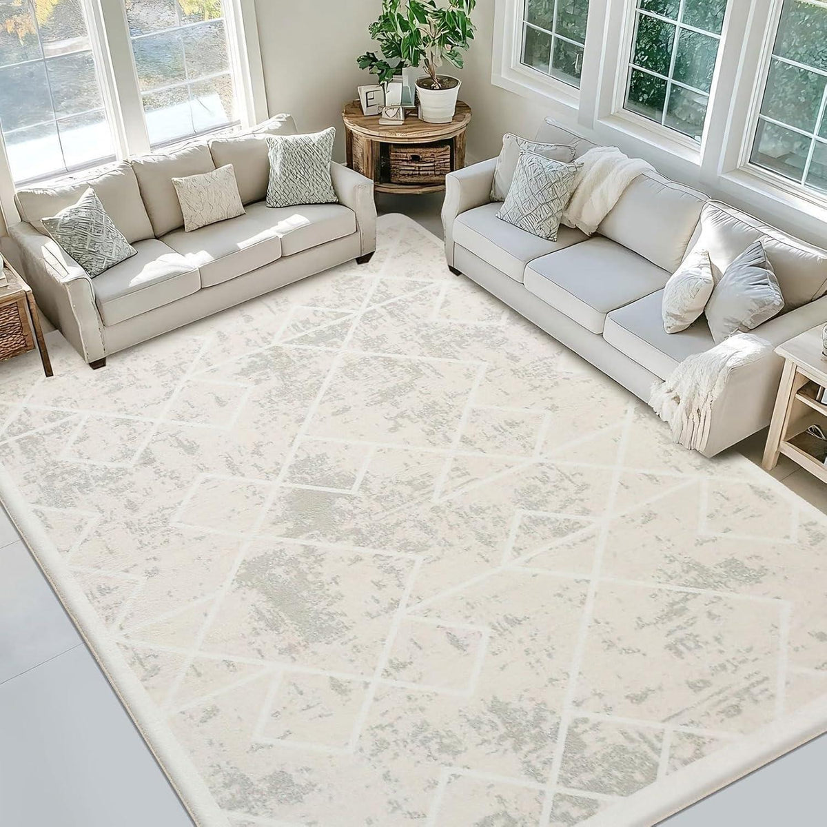 Kurzflor Teppich Elfenbein 200x250cm Modern Geometrisch Antirutsch