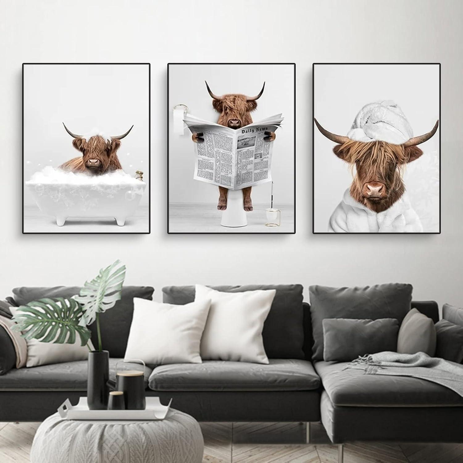 Trayosin 3-teiliges Premium Poster Set Hochland Kuh Leinwand Bad Wandkunst 21x30cm