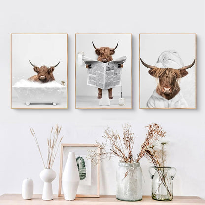 3-teiliges Hochland Kuh Lustige Poster Set Badewanne Leinwand Drucke