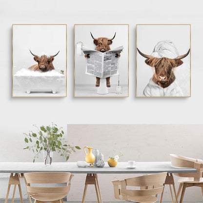 Trayosin 3-teiliges Poster Set Hochland Kuh Badewanne