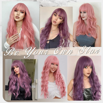 66cm Lange Rosa Perücke mit Pony für Damen Cosplay Party Halloween