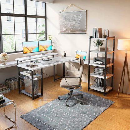 Eckschreibtisch L-Form mit Regal, Monitorständer, Weiß 140×137cm