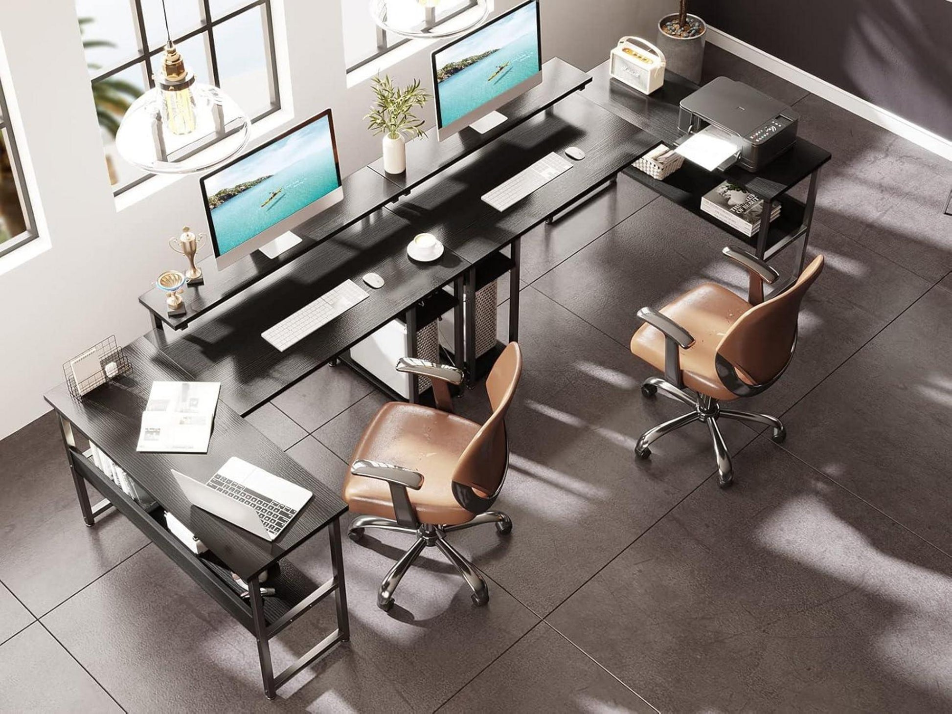Eckschreibtisch L-Form mit Monitorständer und Regal Schwarz 137×102 cm