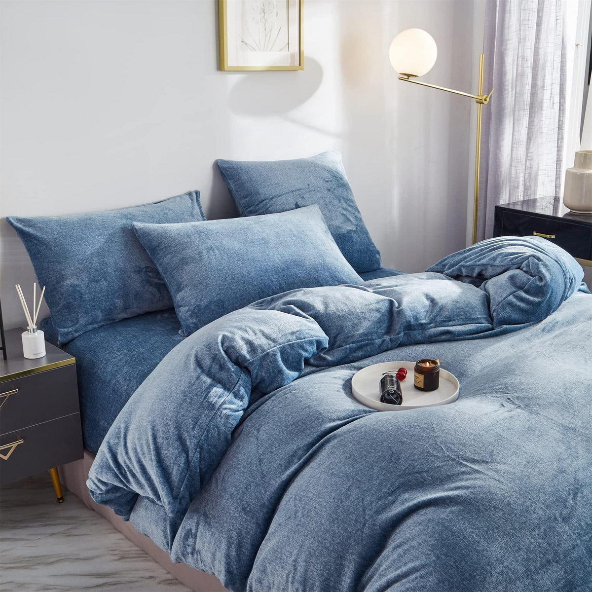 Warme Damier Winter Plüsch Bettwäsche Set Blau 200x200cm