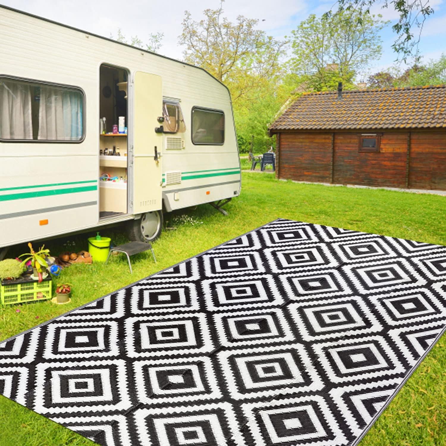 Outdoor Teppich Balkon Terrasse Garten 150x245cm Schwarz Weiß wasserdicht