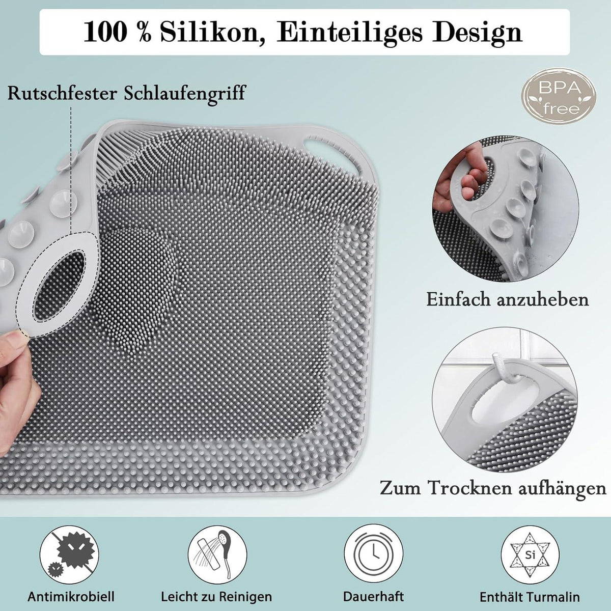 Große Fußbürste Dusche Fußwaschmatte Rutschfest Peeling Massage Grau 44x33 cm