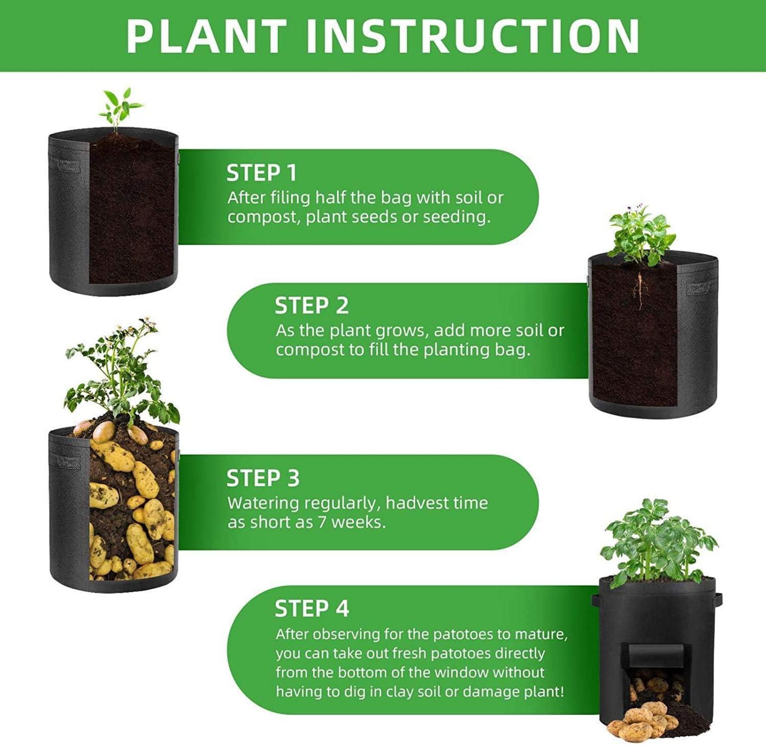 5er Set 15 Gallonen Potato Grow Bags mit Sichtfenster und Griffen in Schwarz