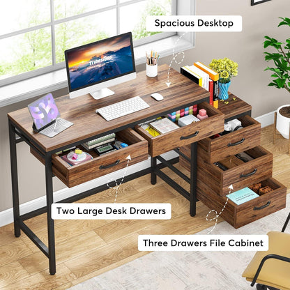 Schreibtisch mit 5 Schubladen & Aktenschrank – Braun