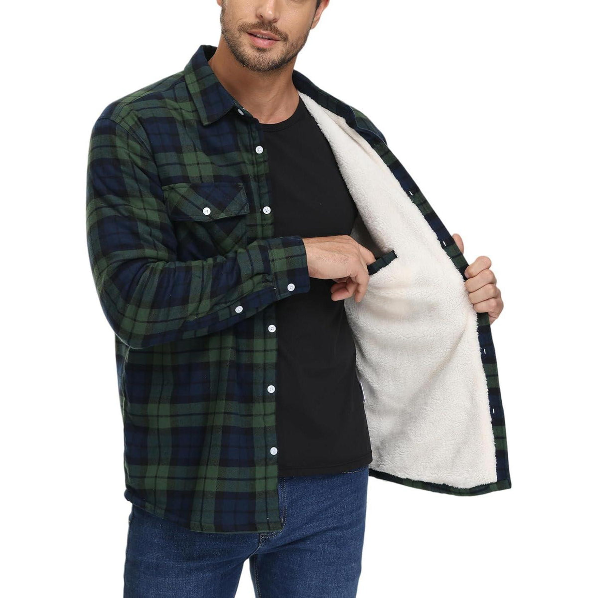 Herren Winterjacke Hemd Kariert Grün – Gefüttert & Warm