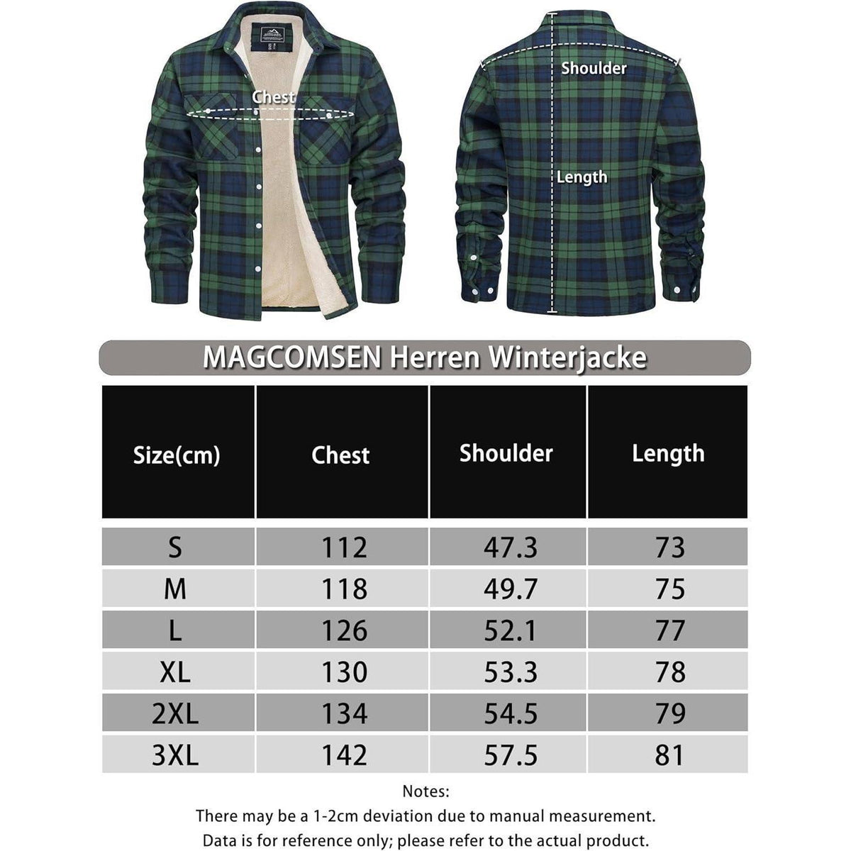 Herren Winterjacke Hemd Kariert Gefüttert Baumwolle Grün 3XL