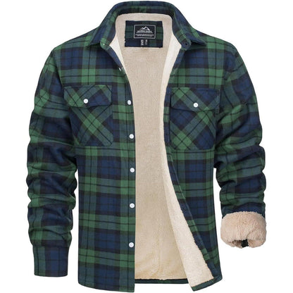 Herren Winterjacke Hemd Kariert Gefüttert Baumwolle Grün