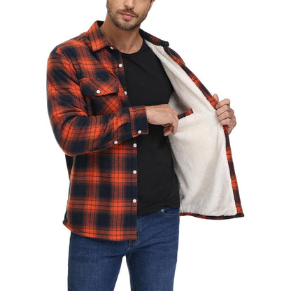 Herren Winterjacke Hemd Kariert Gefüttert Orange | Thermo Freizeithemd mit Taschen