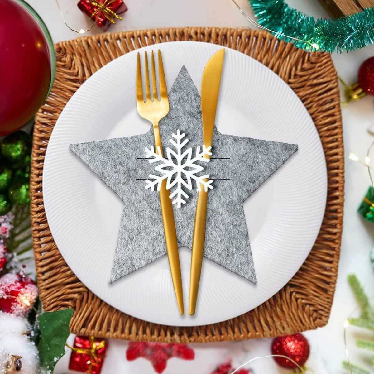 12x Stern Besteckhalter Weihnachten Filz Tischdeko Grau