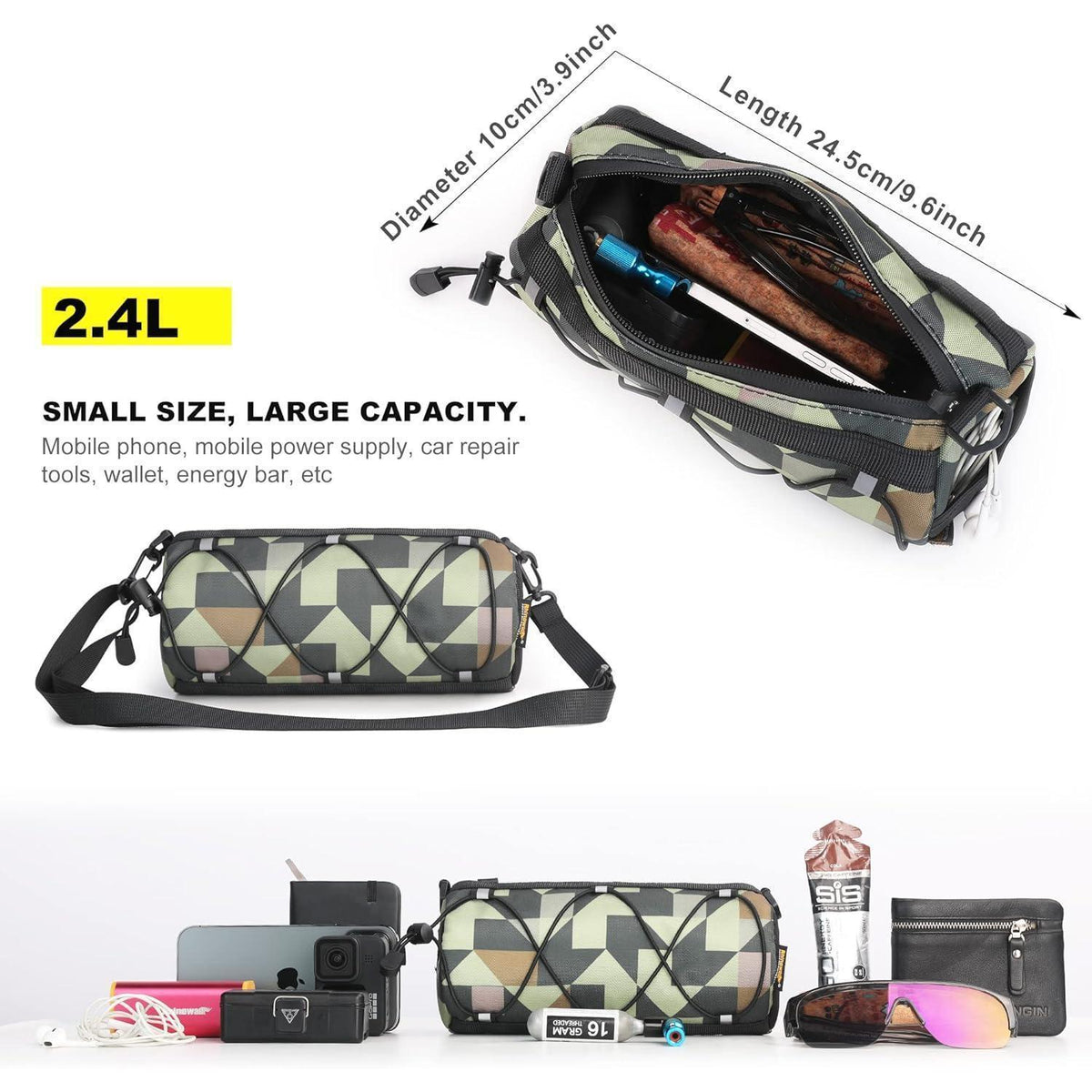 Fahrrad Lenkertasche mit Schultergurt, 2.4L, Camouflage Grün