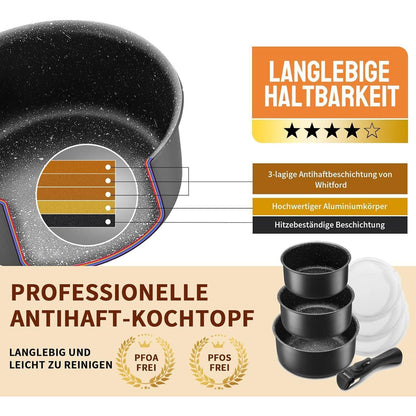 7tlg Kochtopfset mit abnehmbarem Griff | Antihaftbeschichtet