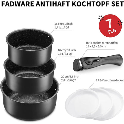 7tlg Kochtopfset mit abnehmbarem Griff | Antihaftbeschichtet
