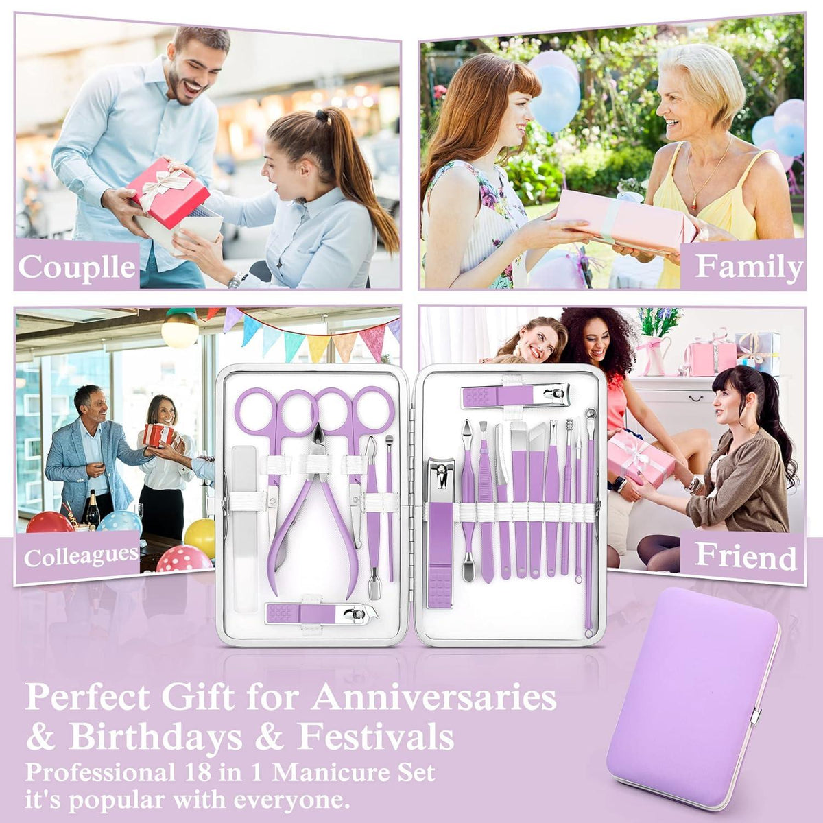 Professionelles Maniküre Pediküre Set 18-teilig mit Lila Etui