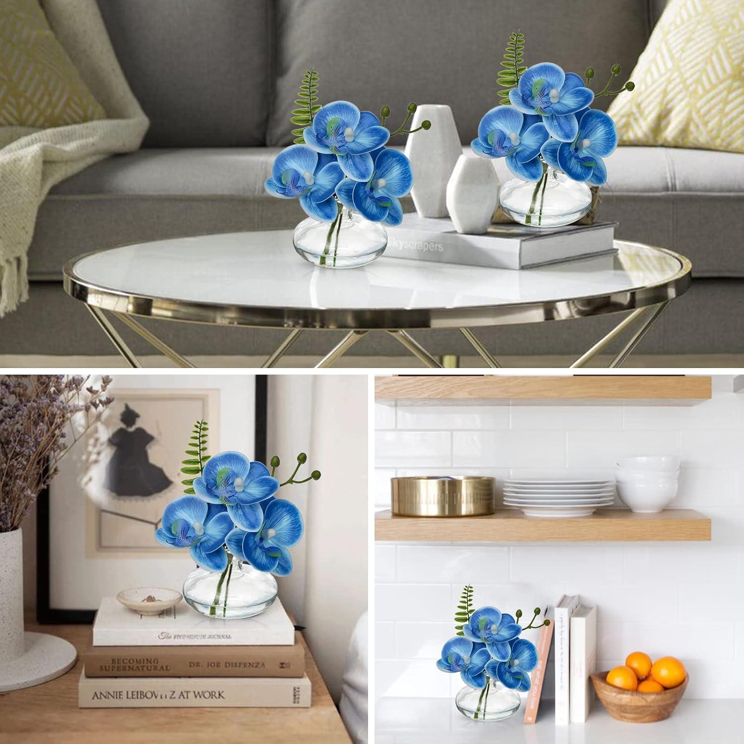 3er Set Künstliche Orchideen Kunstblumen in Glasvase Blau