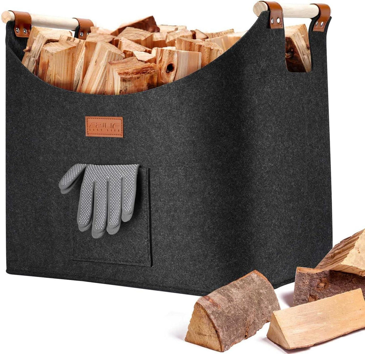 Kaminholzkorb Filztasche 45x32x40cm Grau, Faltbar & Stabil