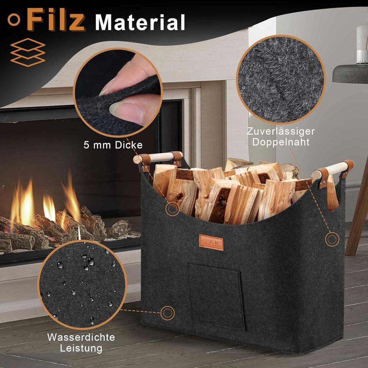 Kaminholzkorb Filztasche 45x32x40cm Grau, Faltbar & Stabil