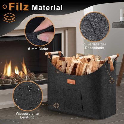Kaminholzkorb Filztasche 45x32x40cm Grau, Faltbar & Stabil