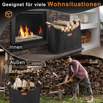Faltbarer Kaminholzkorb 45x32x40 cm Grau - Filztasche Groß & Leicht zu Reinigen