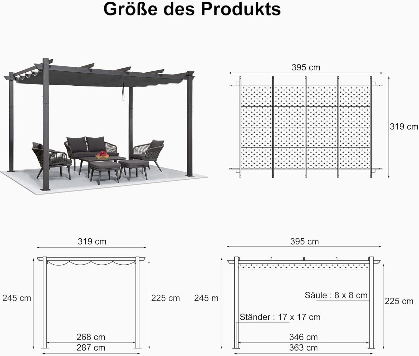 Pergola Aluminium 3.3x4m Wasserdicht Stabil Winterfest Grau