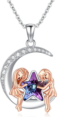 Damen Kette 925 Sterling Silber Halbmond Anhänger Kristall Halskette