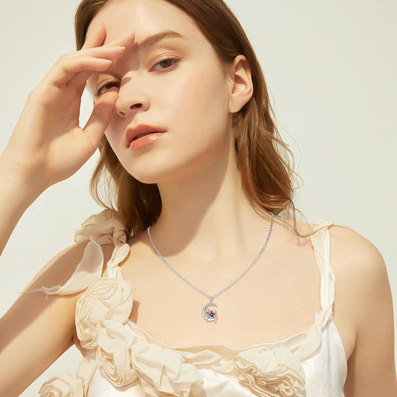 Damen Kette 925 Sterling Silber Halbmond Anhänger Kristall Halskette