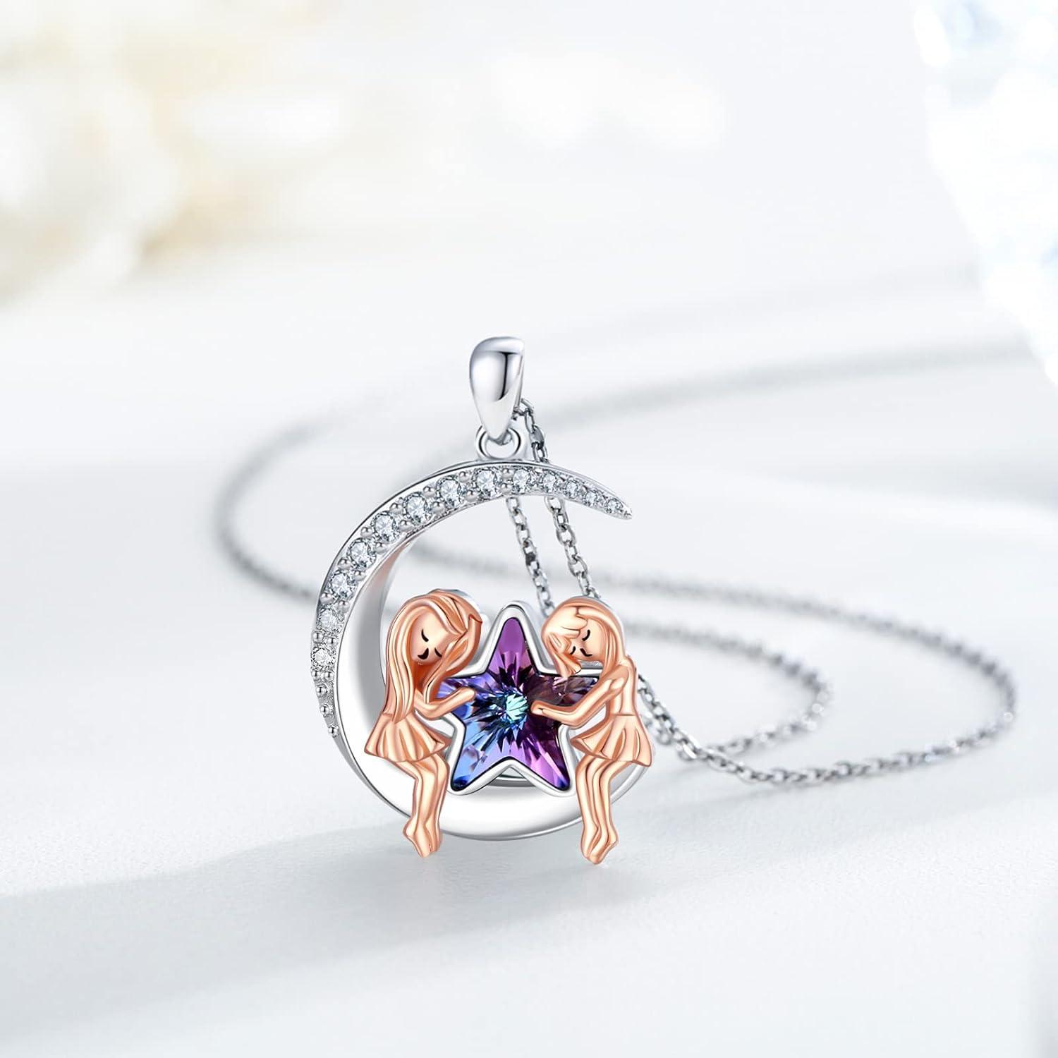 Damen Silber Kette Halbmond Anhänger Halskette Mond Schmuck 925 18Zoll+2Zoll