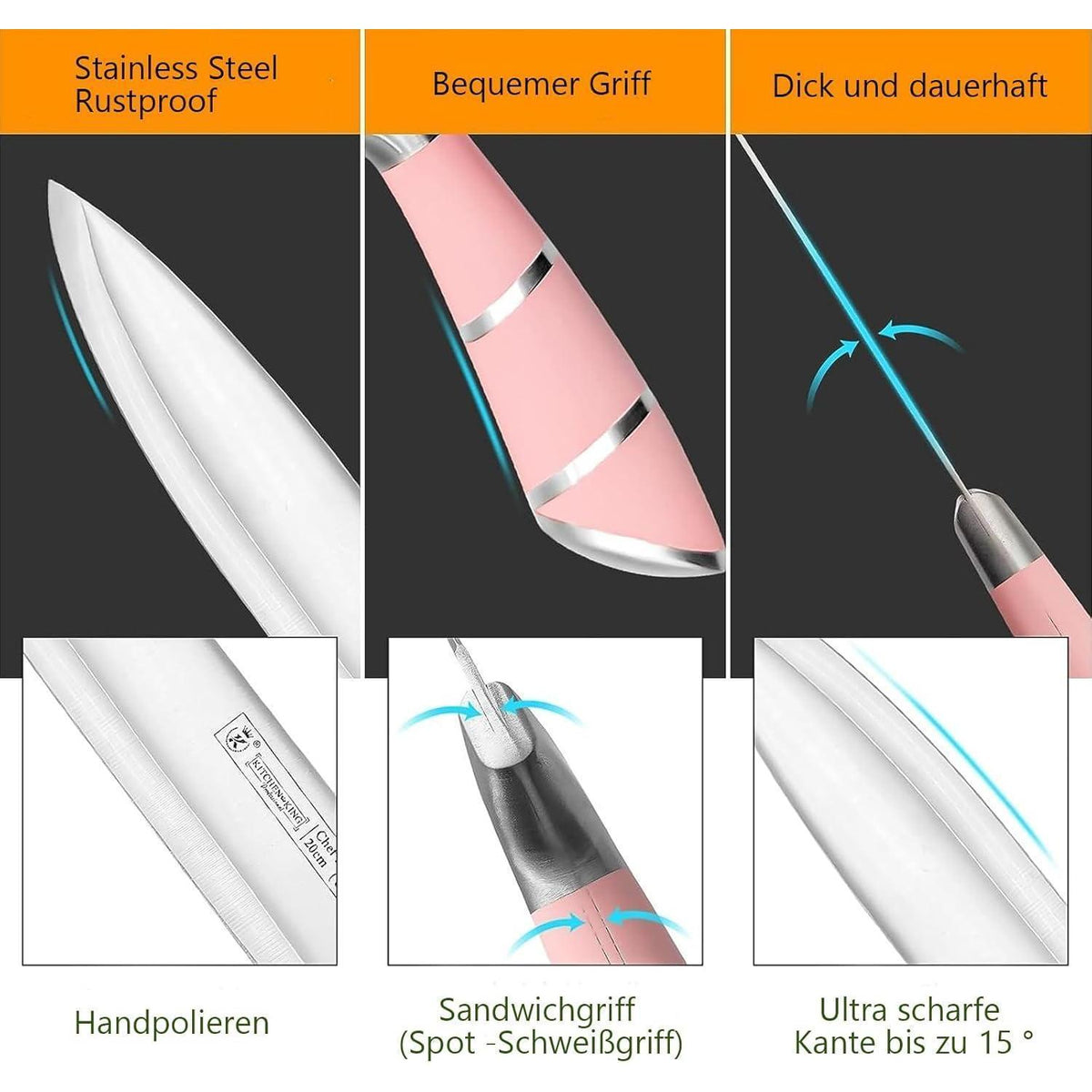 9-tlg. Messerset mit Messerblock, Rosa Edelstahl Küche
