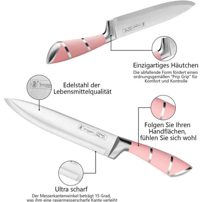 9-tlg. Messerset mit Messerblock, Rosa Edelstahl Küche