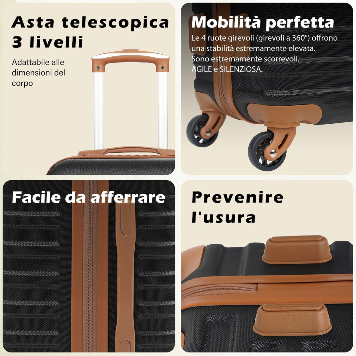 3-teiliges COOLIFE Koffer Set ABS Hartschalen Trolley TSA Schwarz/Braun
