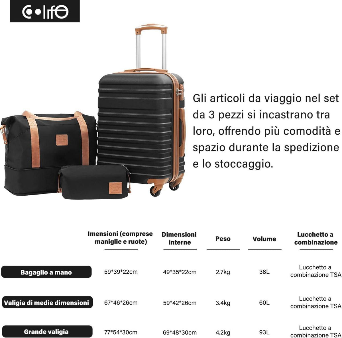 3-teiliges COOLIFE Koffer Set ABS Hartschalen Trolley TSA Schwarz/Braun