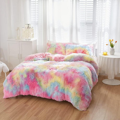 Winter Plüsch Bettwäsche Set Regenbogen Bunt 220x240 cm