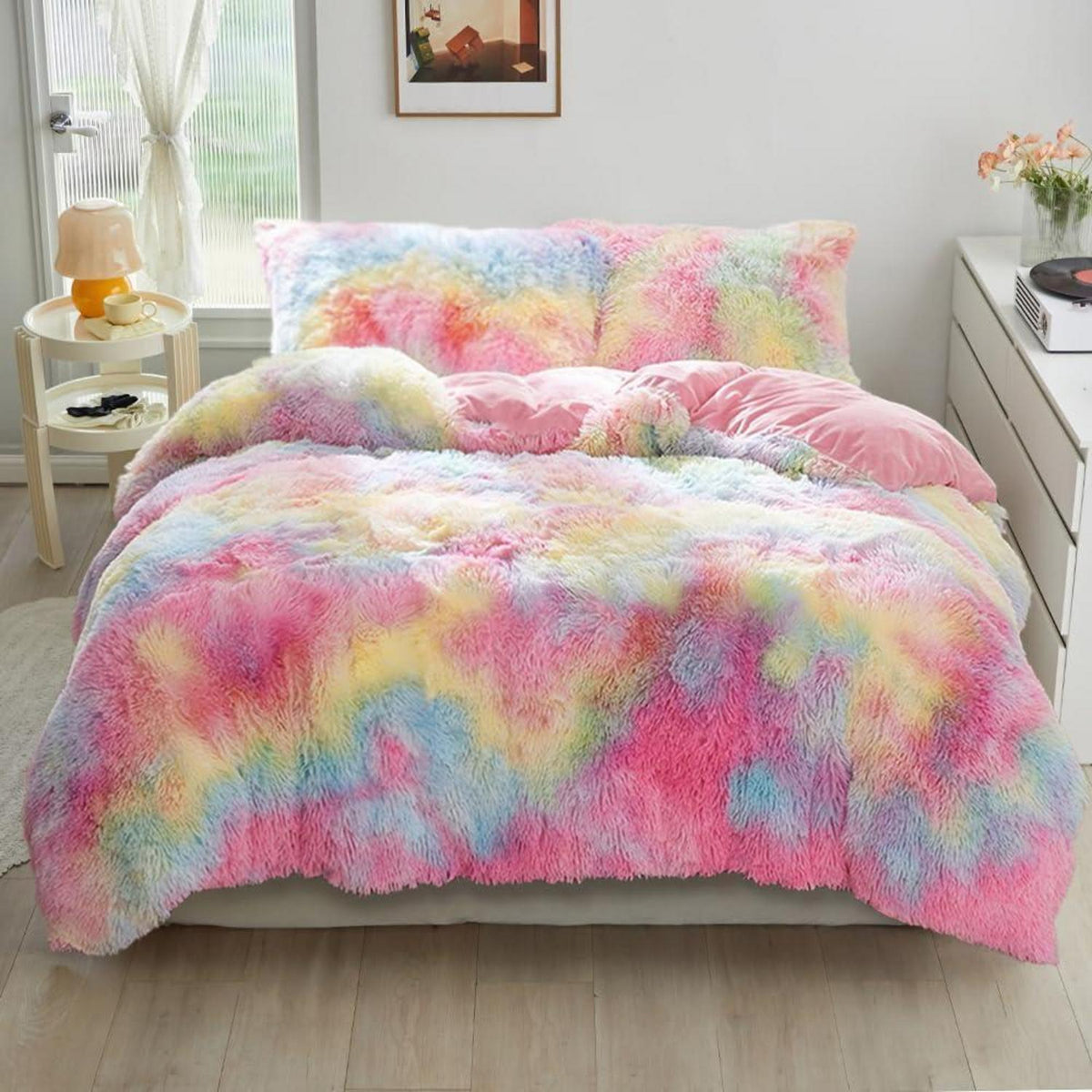 Winter Plüsch Bettwäsche Set 135x200 Regenbogen Bunt