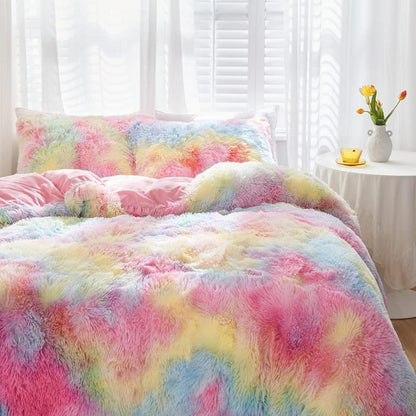 Winter Plüsch Bettwäsche Set 135x200 Regenbogen Bunt