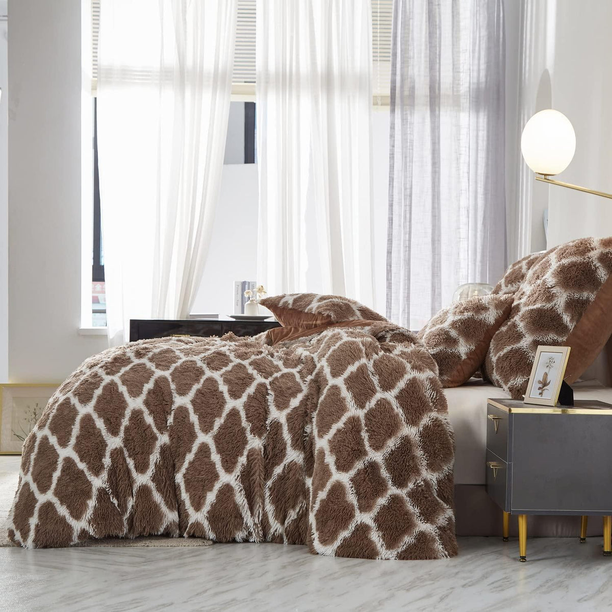 Winter Plüsch Bettwäsche Set 200x200 Braun Weiß Gittermuster