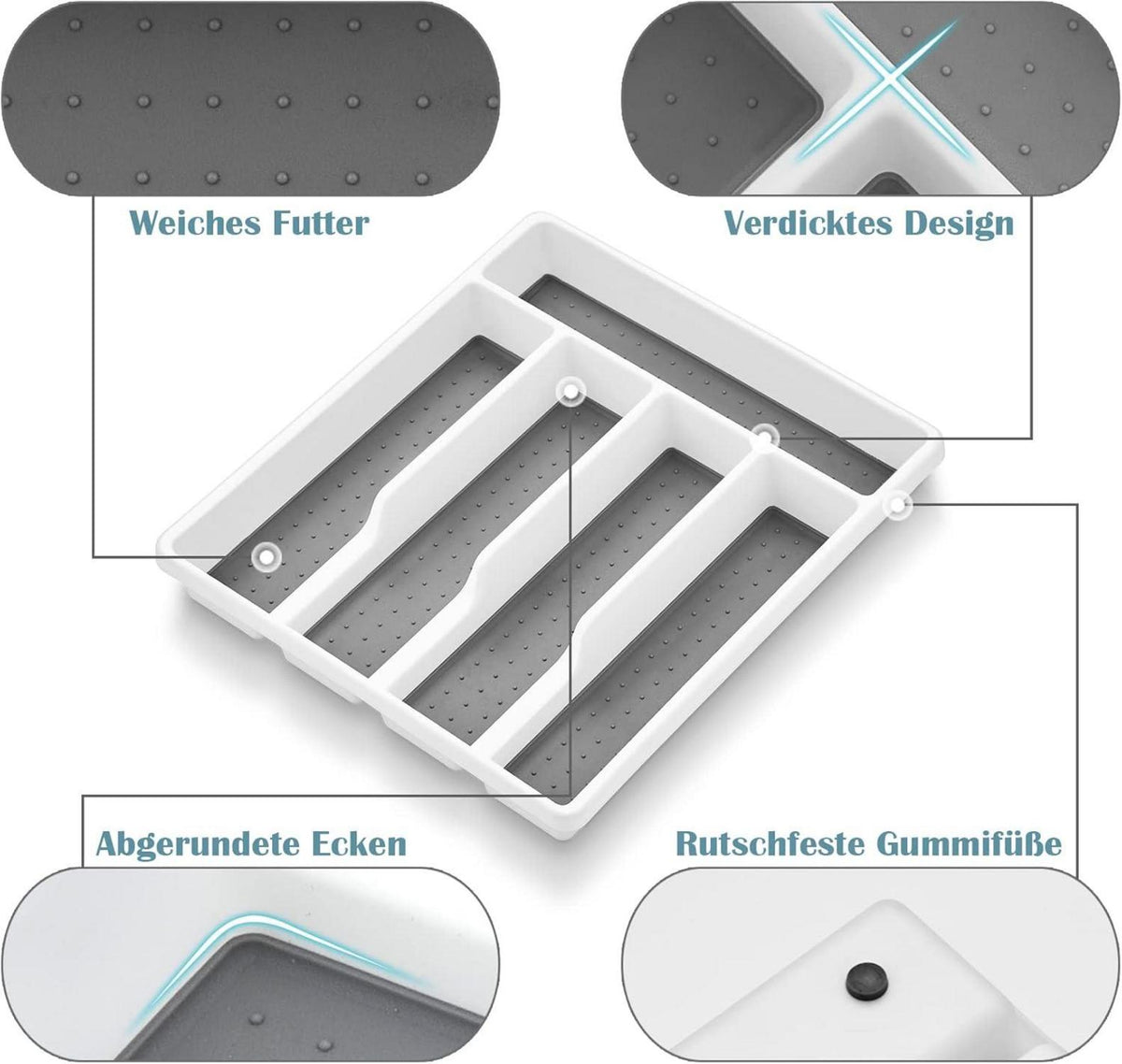 Besteckkasten für Schubladen Kunststoff Weiß Grau 5 Fächer 32,6x29cm