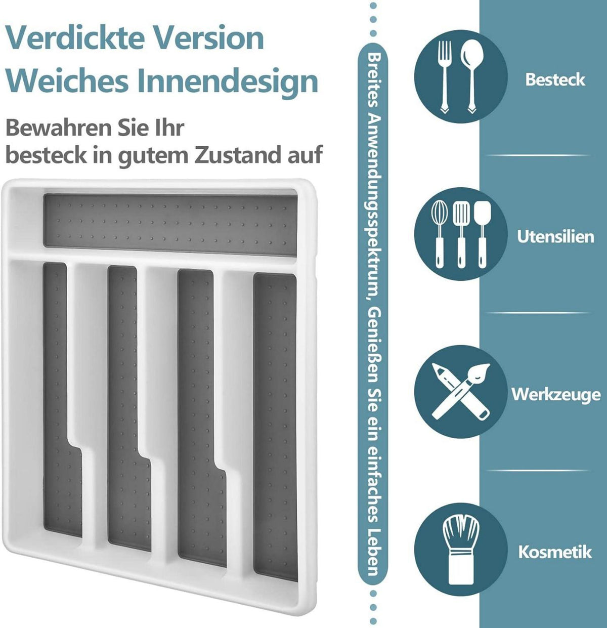 Onader Besteckkasten Kunststoff 5 Fächer Schubladeneinsatz Weiß Grau 32,6x29cm