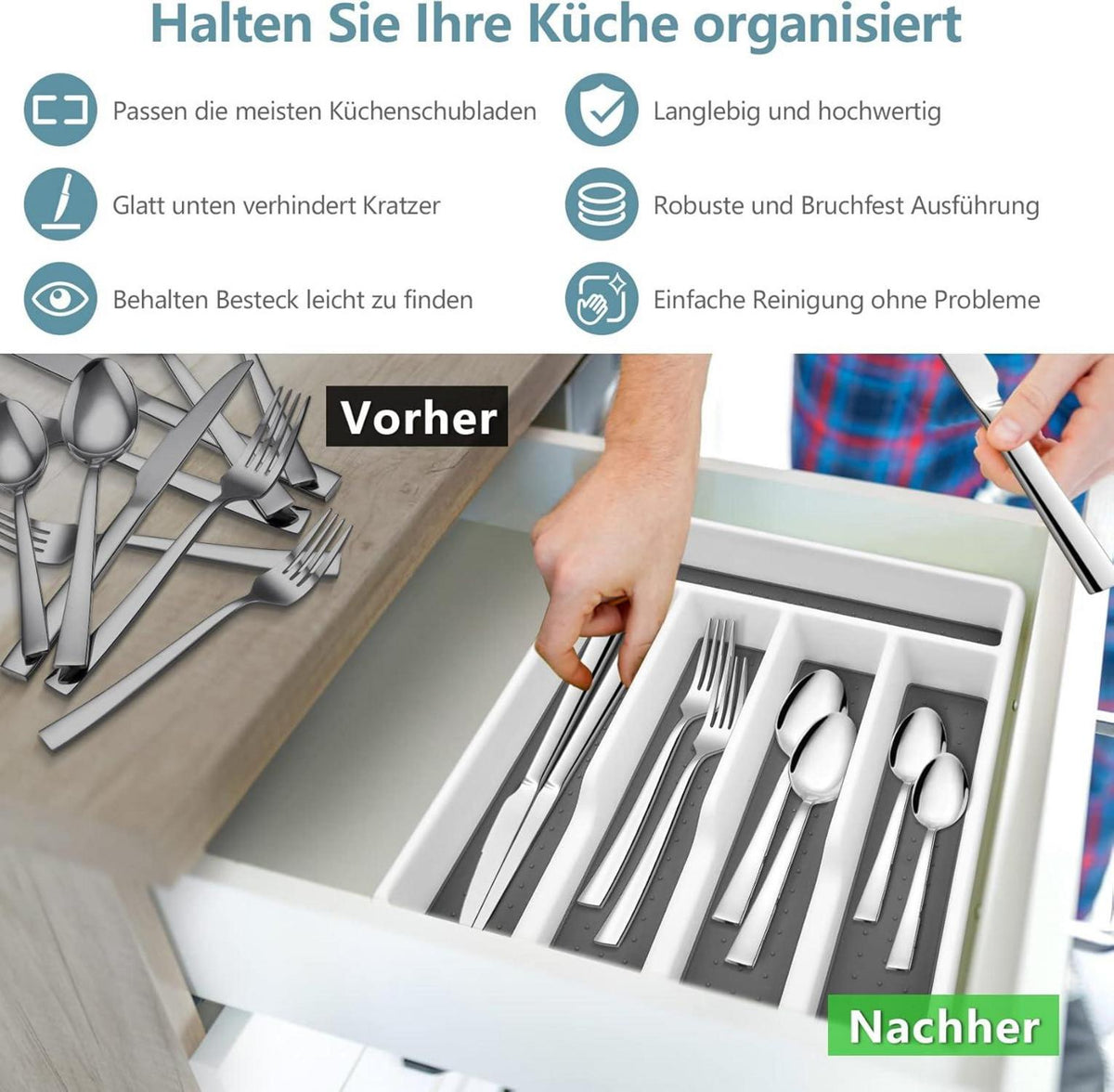 Besteckkasten Schubladeneinsatz Kunststoff Utensilienfach 5 Fächer 32,6x29cm