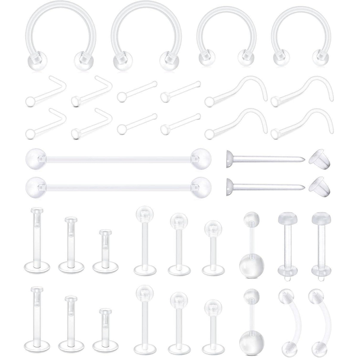 Klar Körperpiercing Set 38 Stück für Nase, Lippe, Bauchnabel