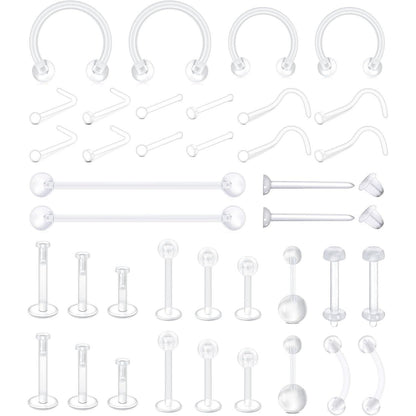 Klar Körperpiercing Set 38 Stück für Nase, Lippe, Bauchnabel
