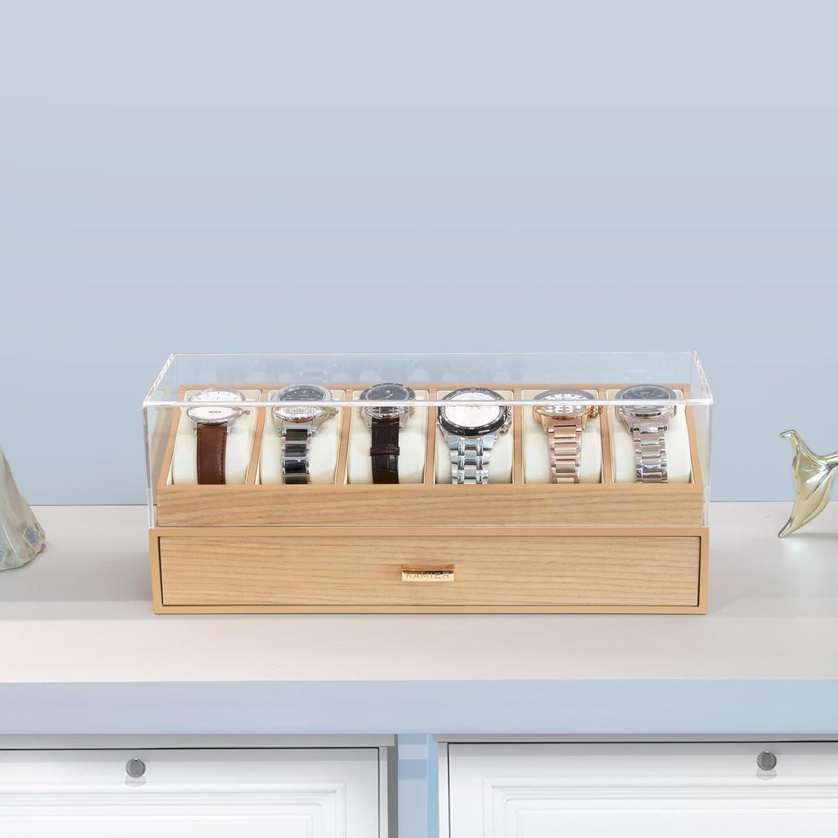 Uhrenbox Herren Echtholz 6 Fächer Uhrenkoffer Schublade Oak 6 Schlitze