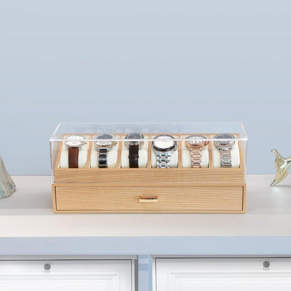 Uhrenbox Herren Echtholz 6 Fächer Uhrenkoffer Schublade Oak 6 Schlitze