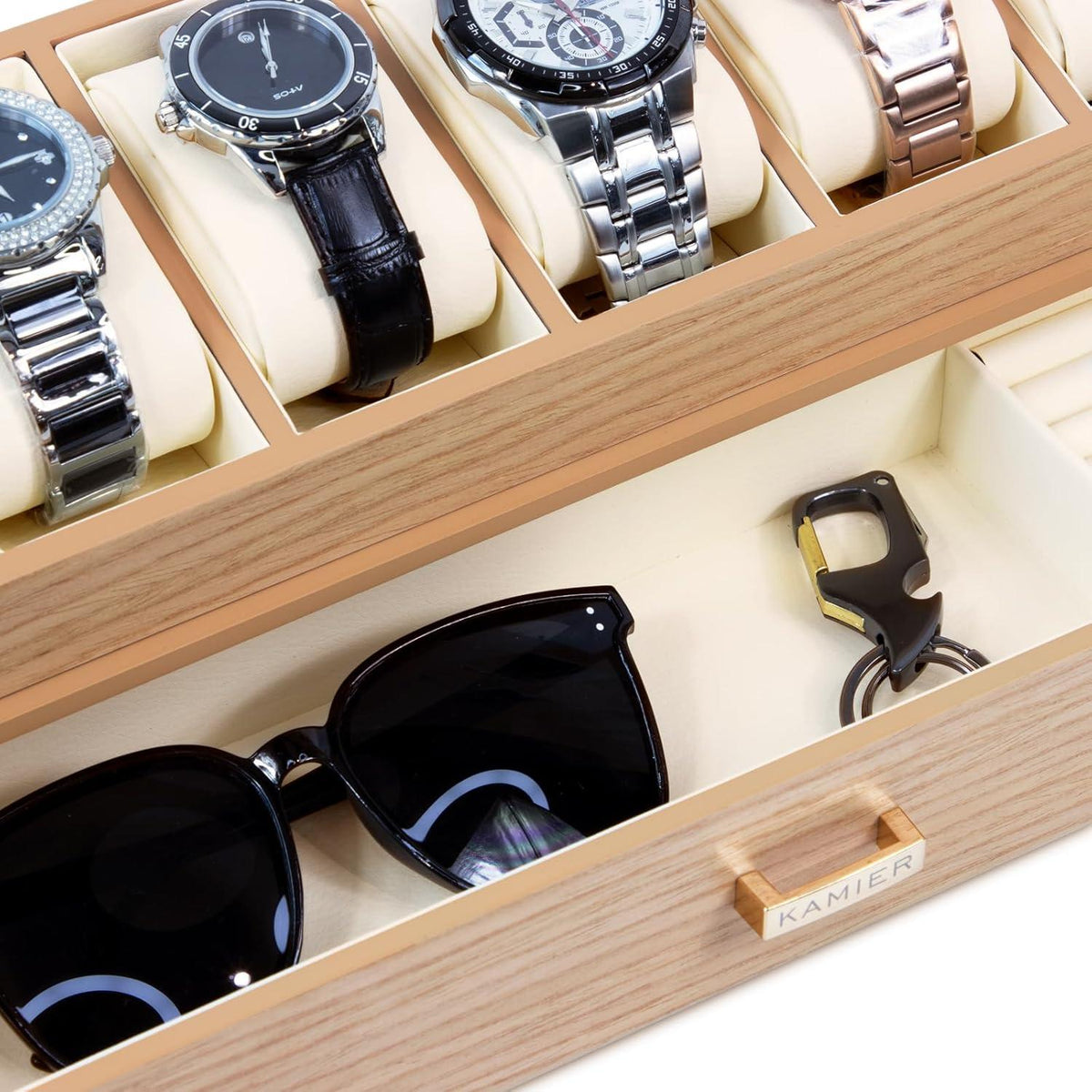 KAMIER Uhrenbox Herren Echtholz 6 Fächer Schublade Oak