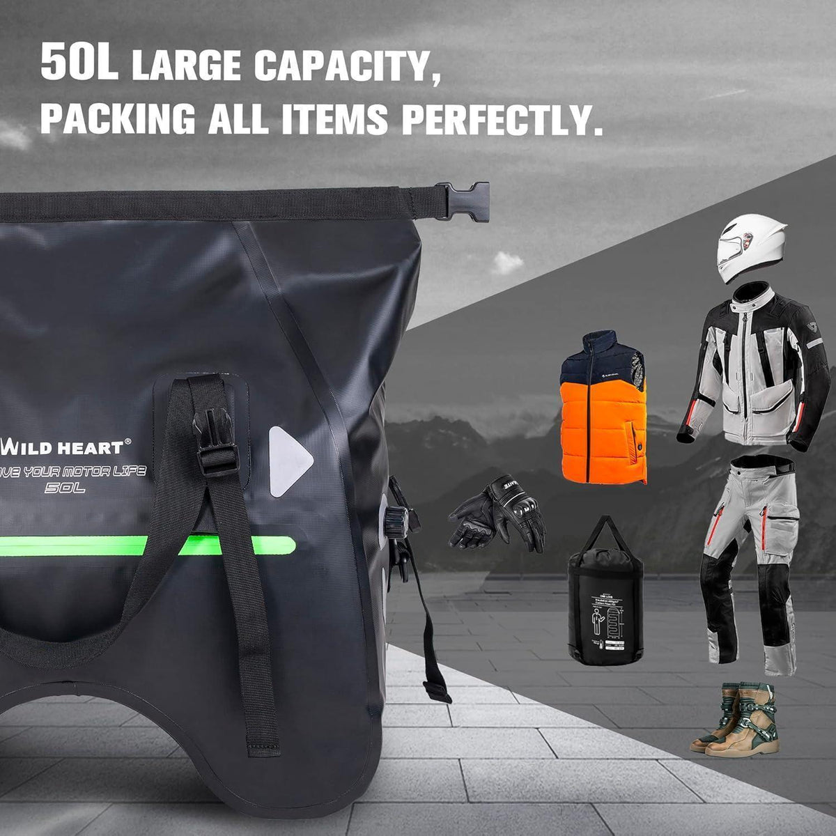 Motorrad Hecktasche wasserdicht 50L U-Form Gepäcktasche Schwarz